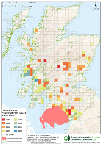 10km squares year first SPHN issued Larch sites - © Forestry Commission Scotland