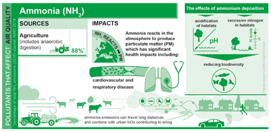 Graphic showing Sources (Agriculture 88%) and Impacts - Disease