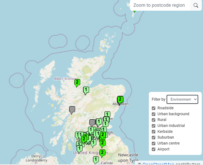 Location of current automatic air quality monitoring stations in Scotland